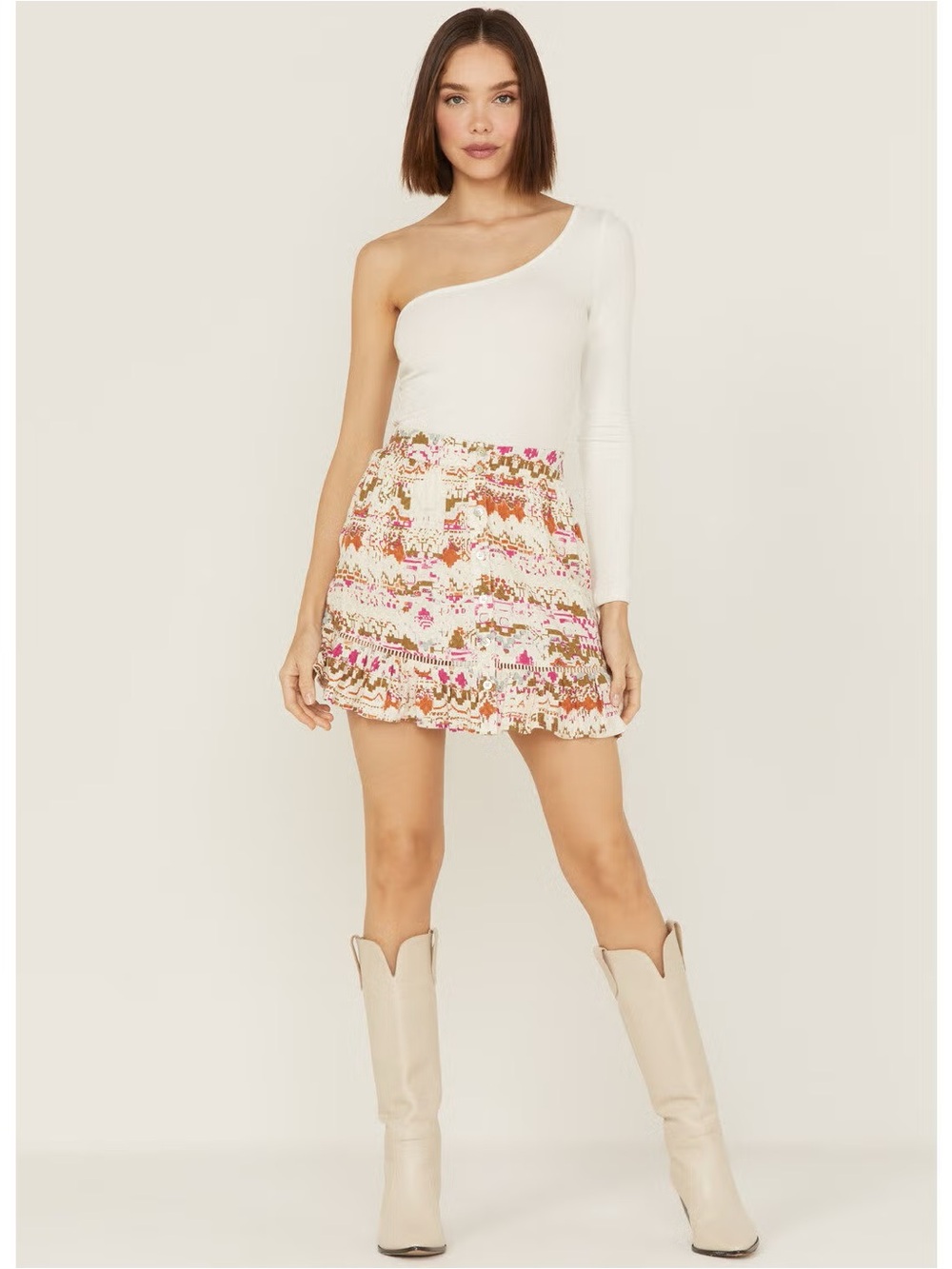 One-Shoulder Cream Top with Multicolor Floral Mini Skirt